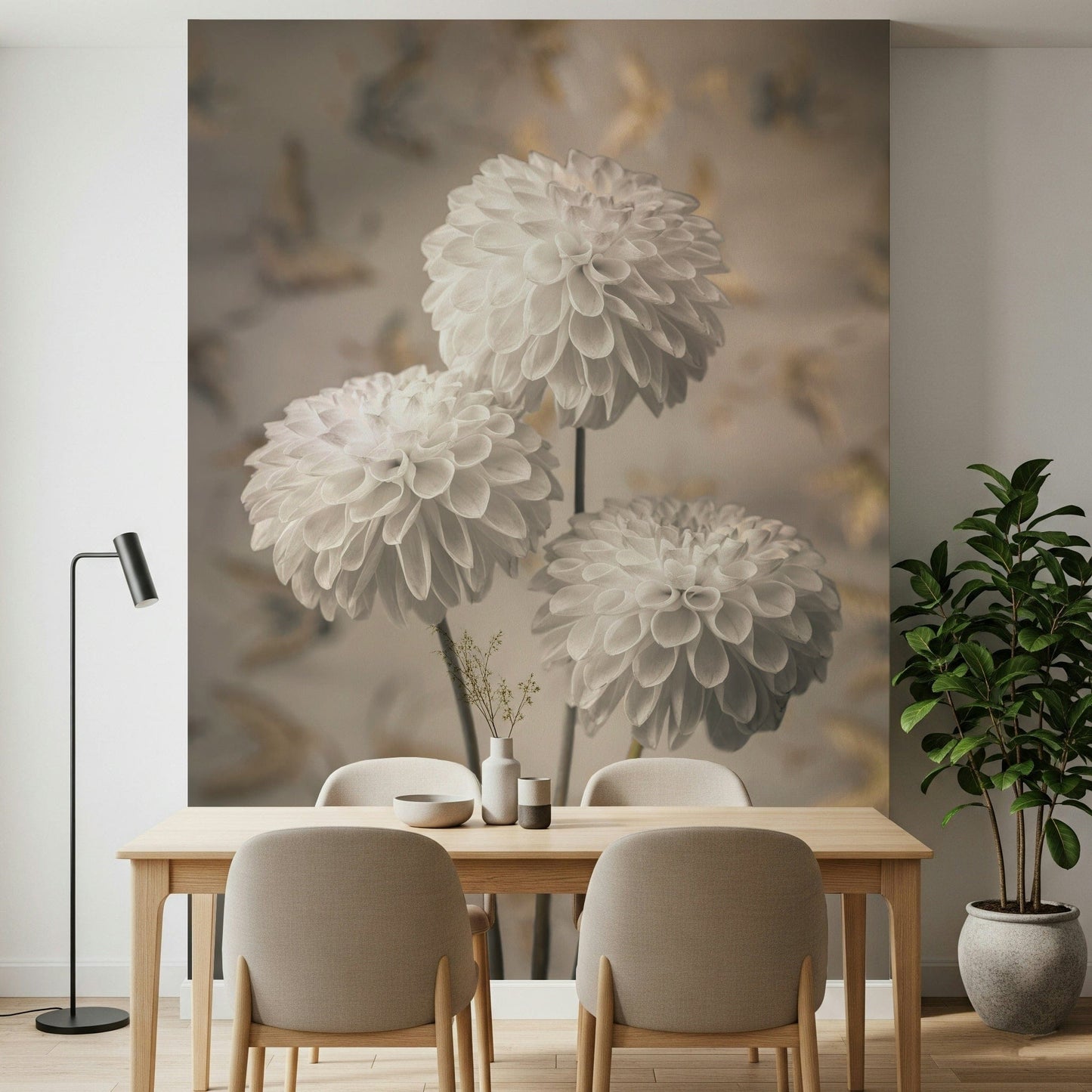 Beige Blooms wall mural showcases elegant monochromatic flower heads.