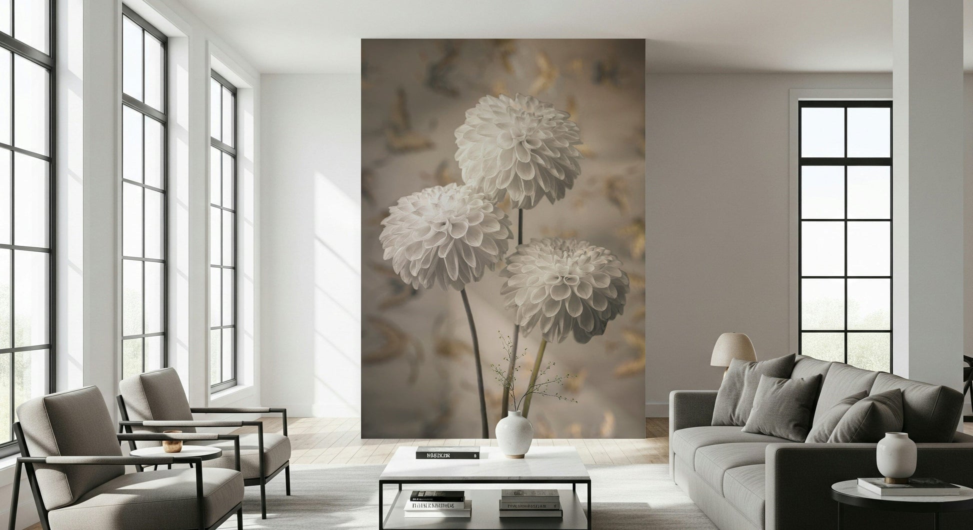 Beige Blooms wallpaper for walls featuring vintage dahlia clusters.
