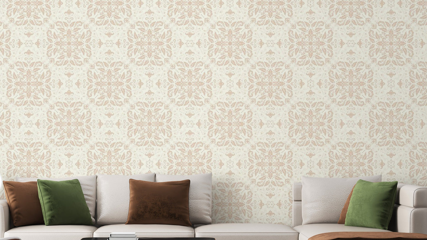 Classic beige wallpaper with damask designs
