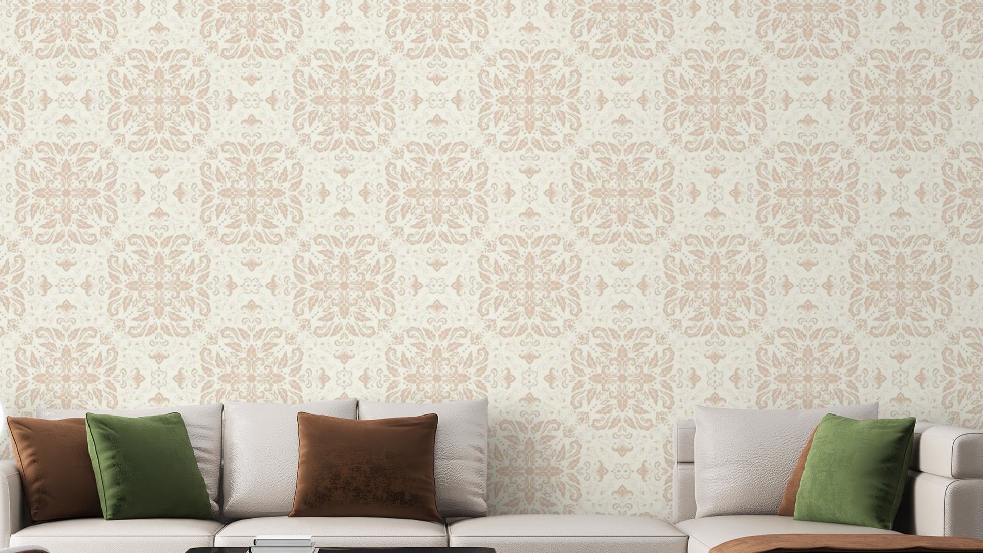 Classic beige wallpaper with damask designs
