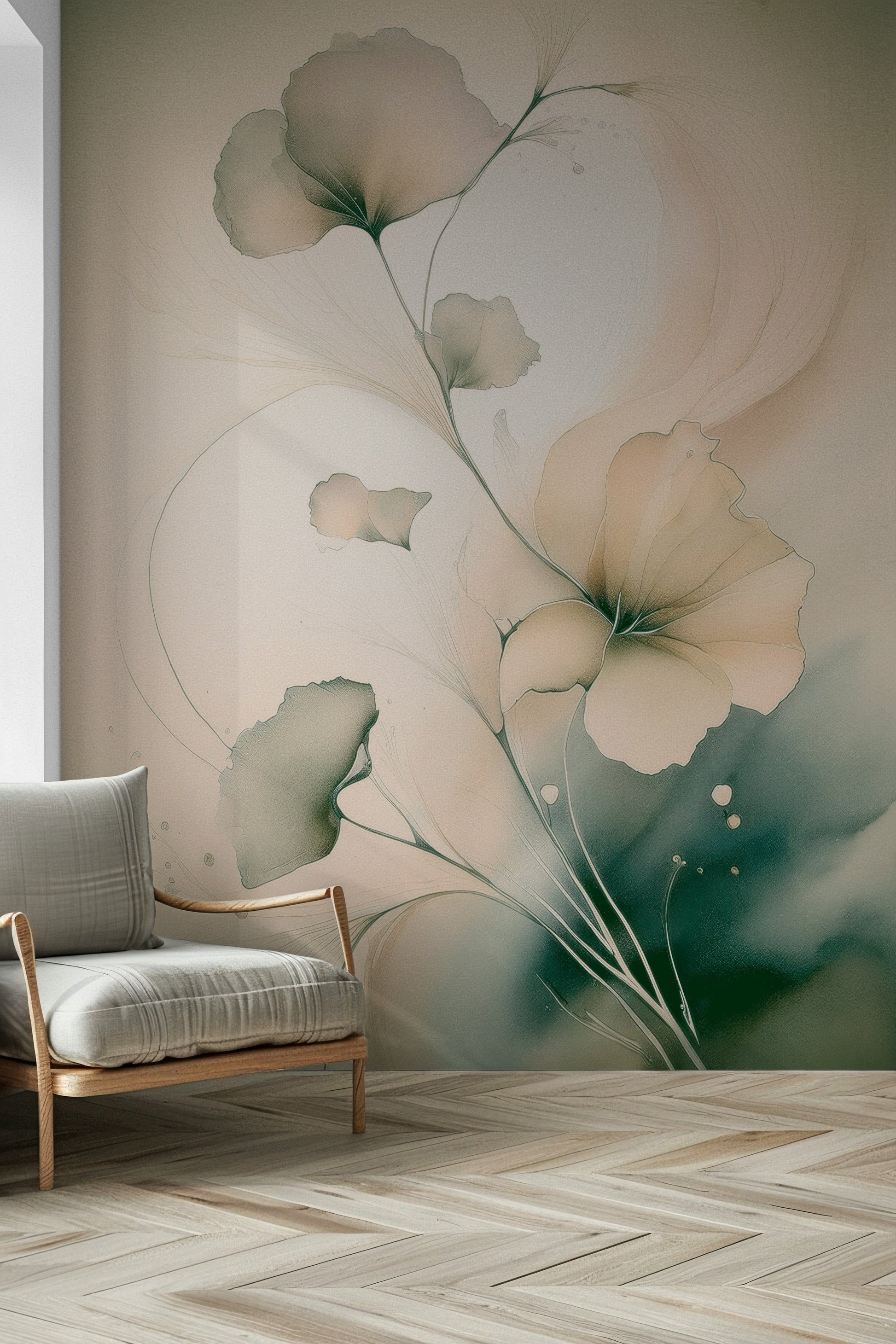 Soft Whispering Petals mural with flowing blossoms that bring a sense of serenity and warmth.