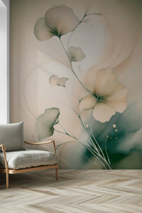 Soft Whispering Petals mural with flowing blossoms that bring a sense of serenity and warmth.