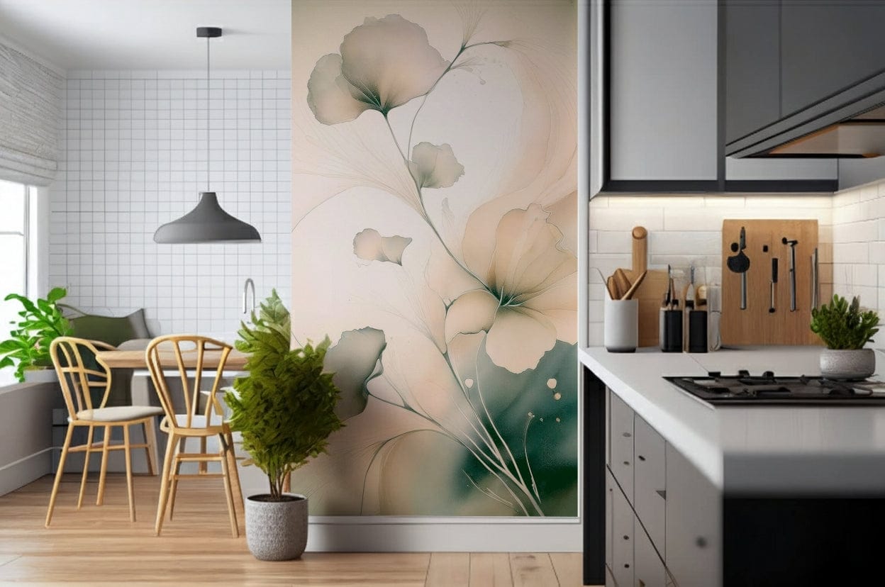 Soft Whispering Petals wall mural featuring delicate pastel blossoms drifting in a gentle haze.