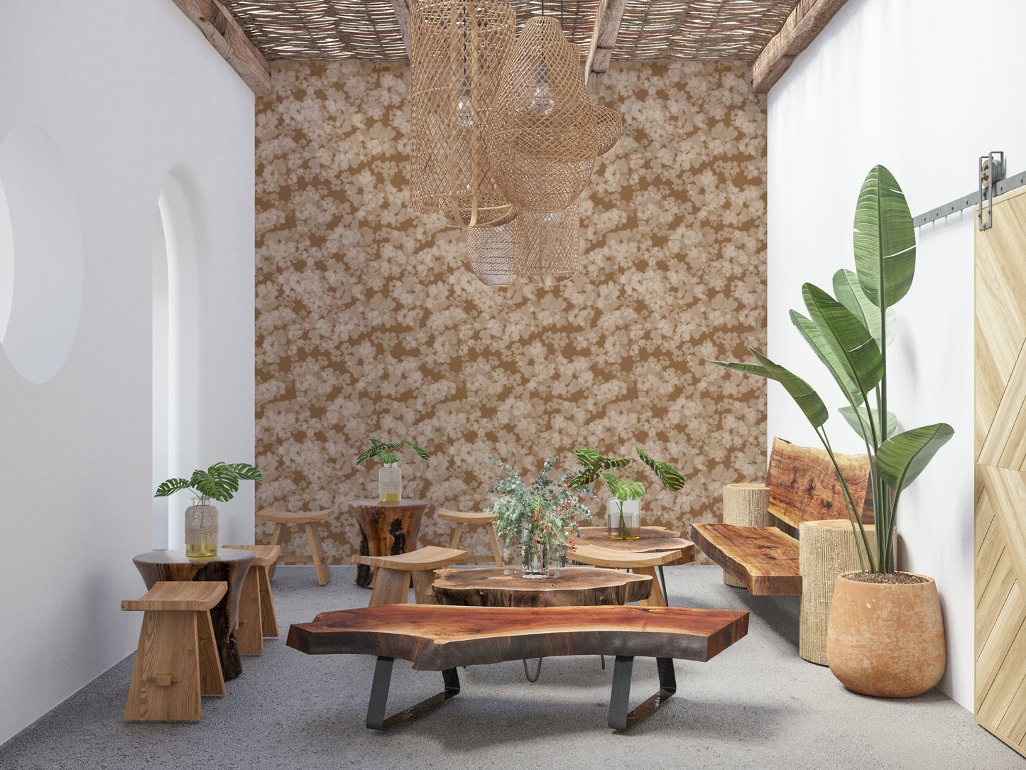 Warm earth tone flower wallpaper, gentle flowing design, Neutral Floral Haze.