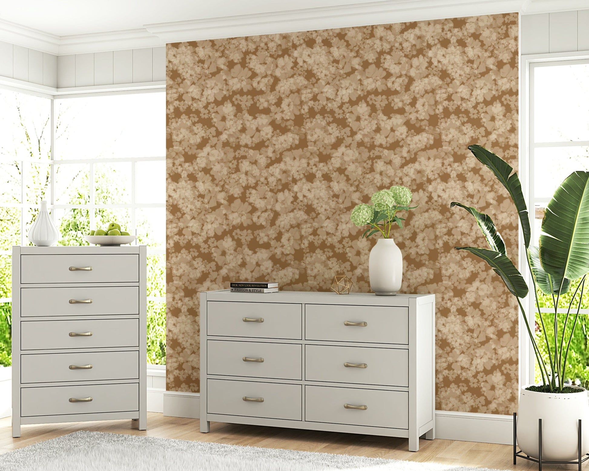 Tan shade botanical wallpaper, sophisticated floral textile, Neutral Floral Haze.