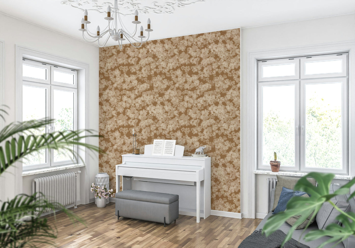 Soft floral pattern wall mural, Neutral Floral Haze, subtle tan background art.