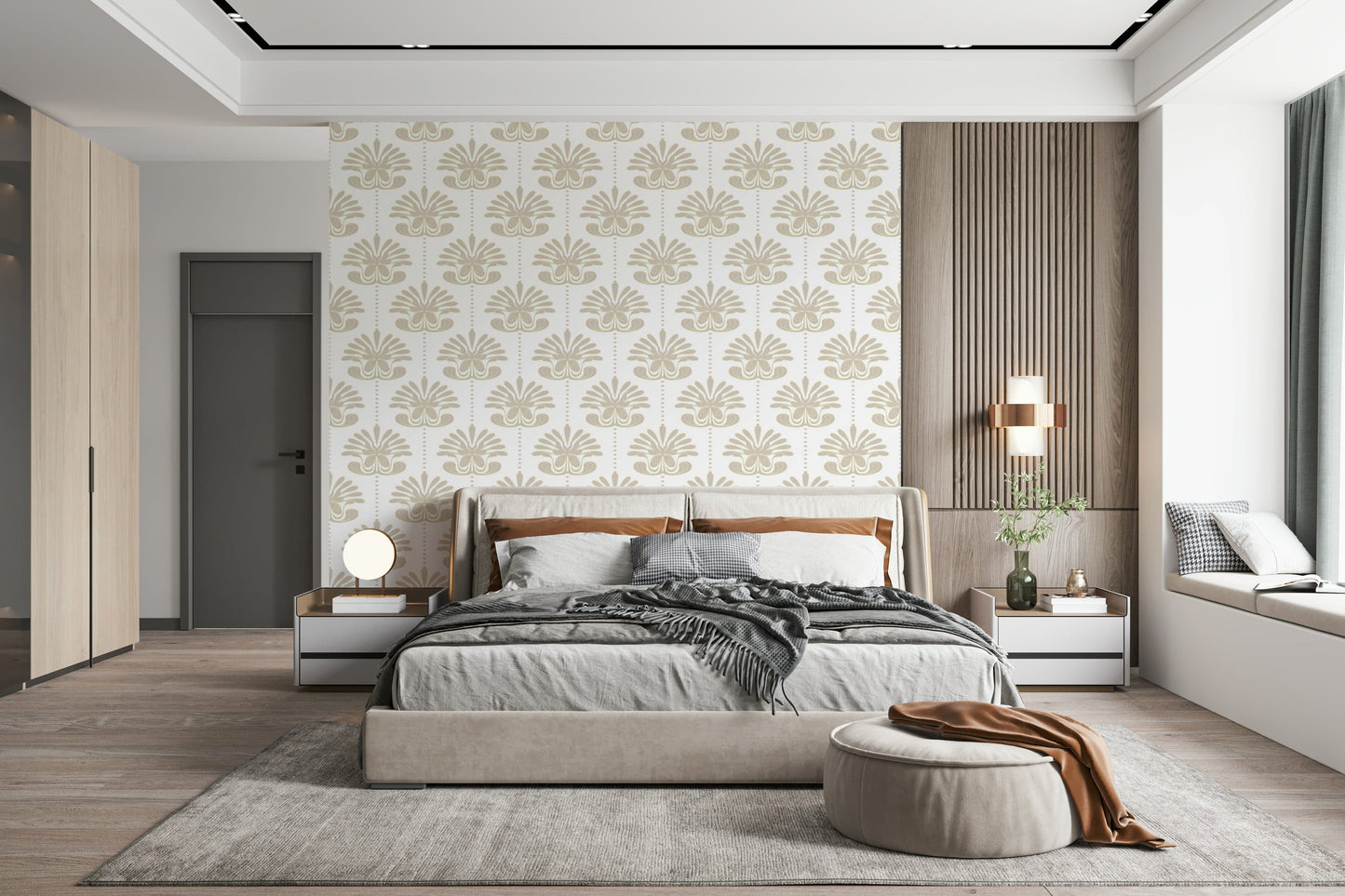 Chic Floral Geometry Wallpaper – Modern elegant wallpaper blending floral motifs with symmetrical design.