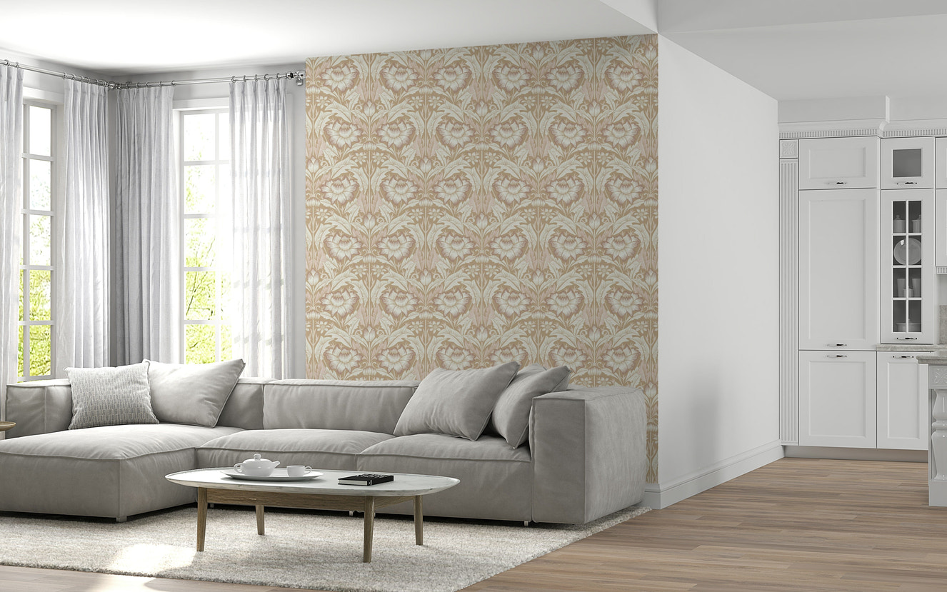 Elegant floral pattern in soft sand beige tones creating a timeless garden wallpaper design.