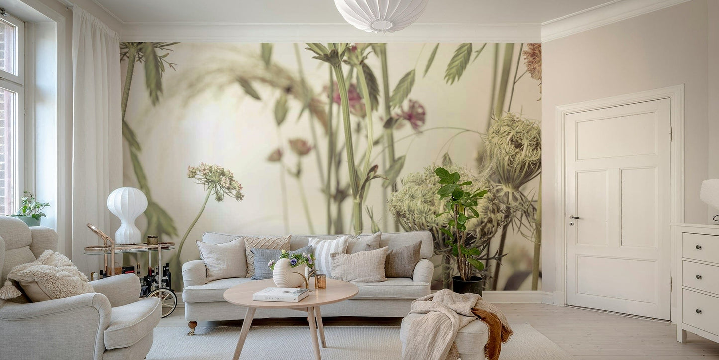 A graceful subtle bloom wall mural in soft, natural tones.

