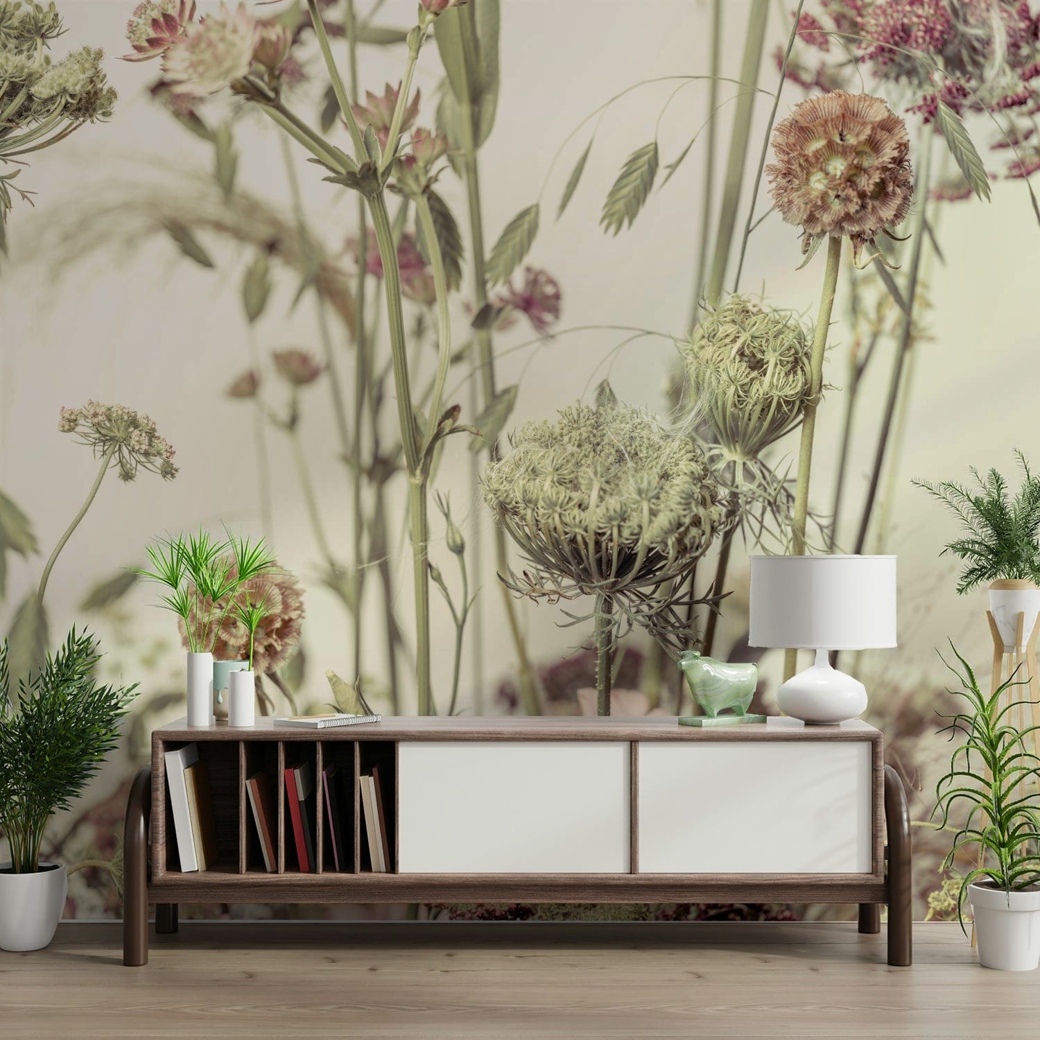 A contemplative floral pattern wallpaper mural for a feature wall.

