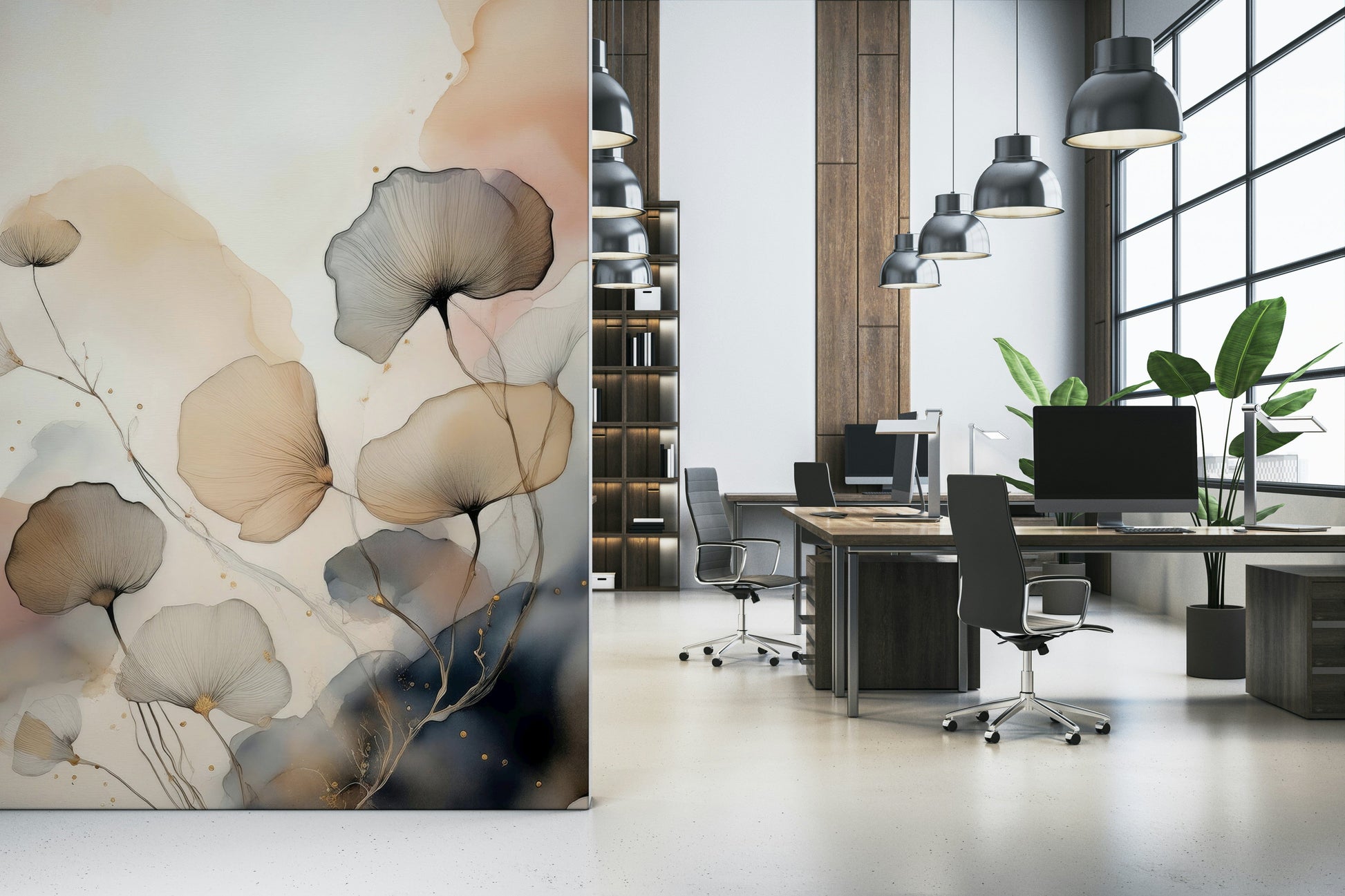 Ethereal wall mural with soft garden tones and delicate blossoms for a calming interior look.