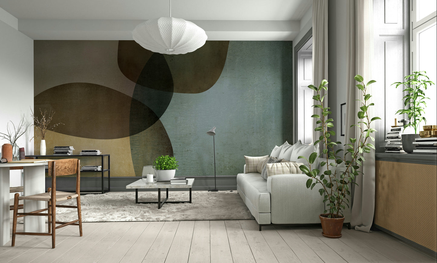 The mural shows a peaceful floral scene.

