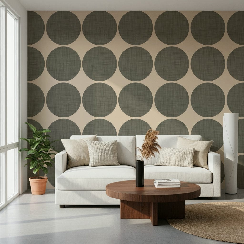 Light neutral wallpaper featuring a grid of oversized round shapes in muted green