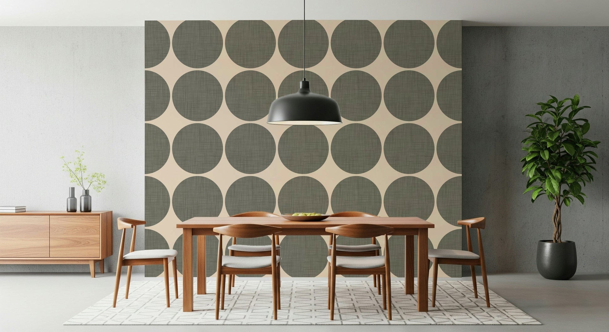 Modern textured circle motif with woven-style detailing on each green dot