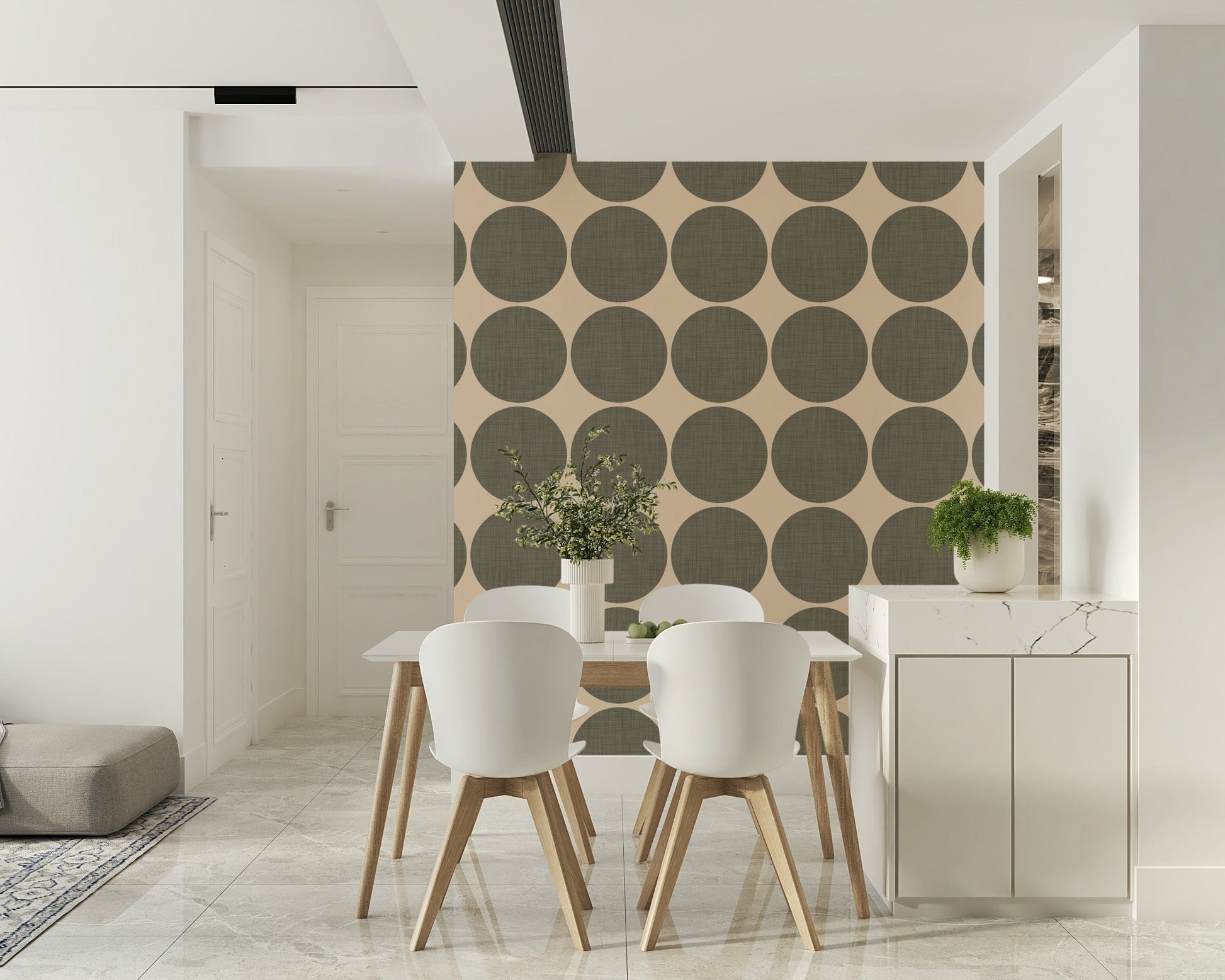 Contemporary wallpaper showcasing bold round dots arranged symmetrically for a clean graphic look