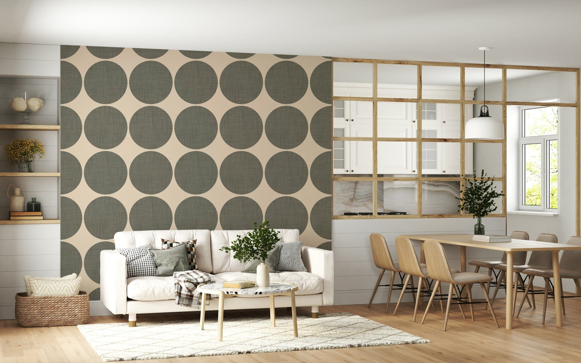 Repeating pattern of soft green circular shapes with a woven texture on an off-white backdrop