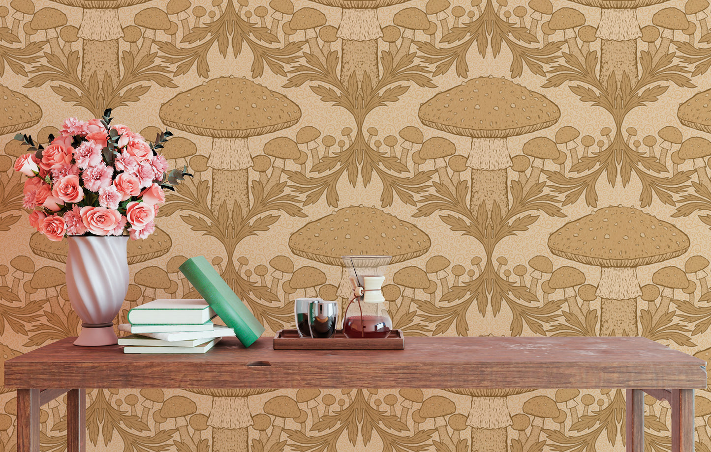 Soft beige heritage mushroom mural for a warm, inviting ambiance.
