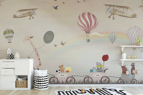 Beige Color Jovial Animals wallpaper mural shown as a full feature wall that highlights the design