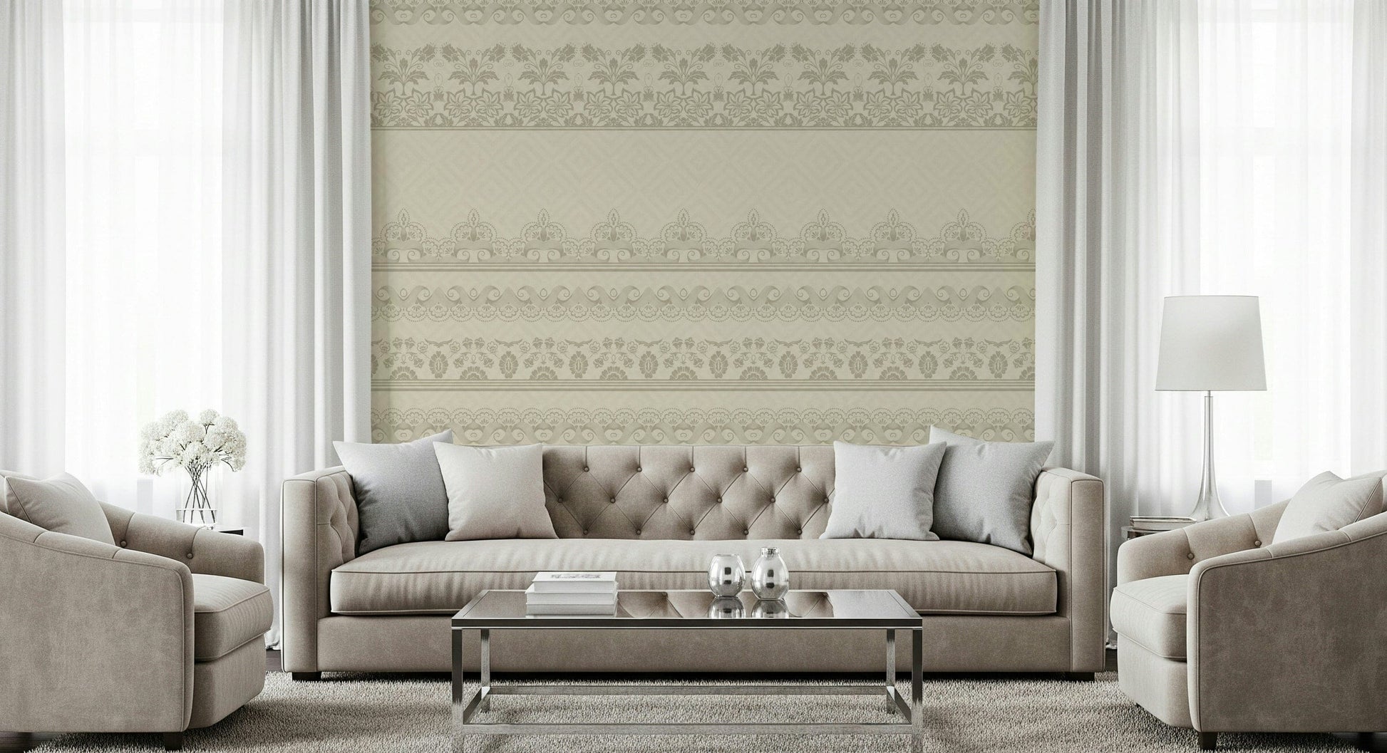 High-definition wall mural with intricate textile patterns in beige.