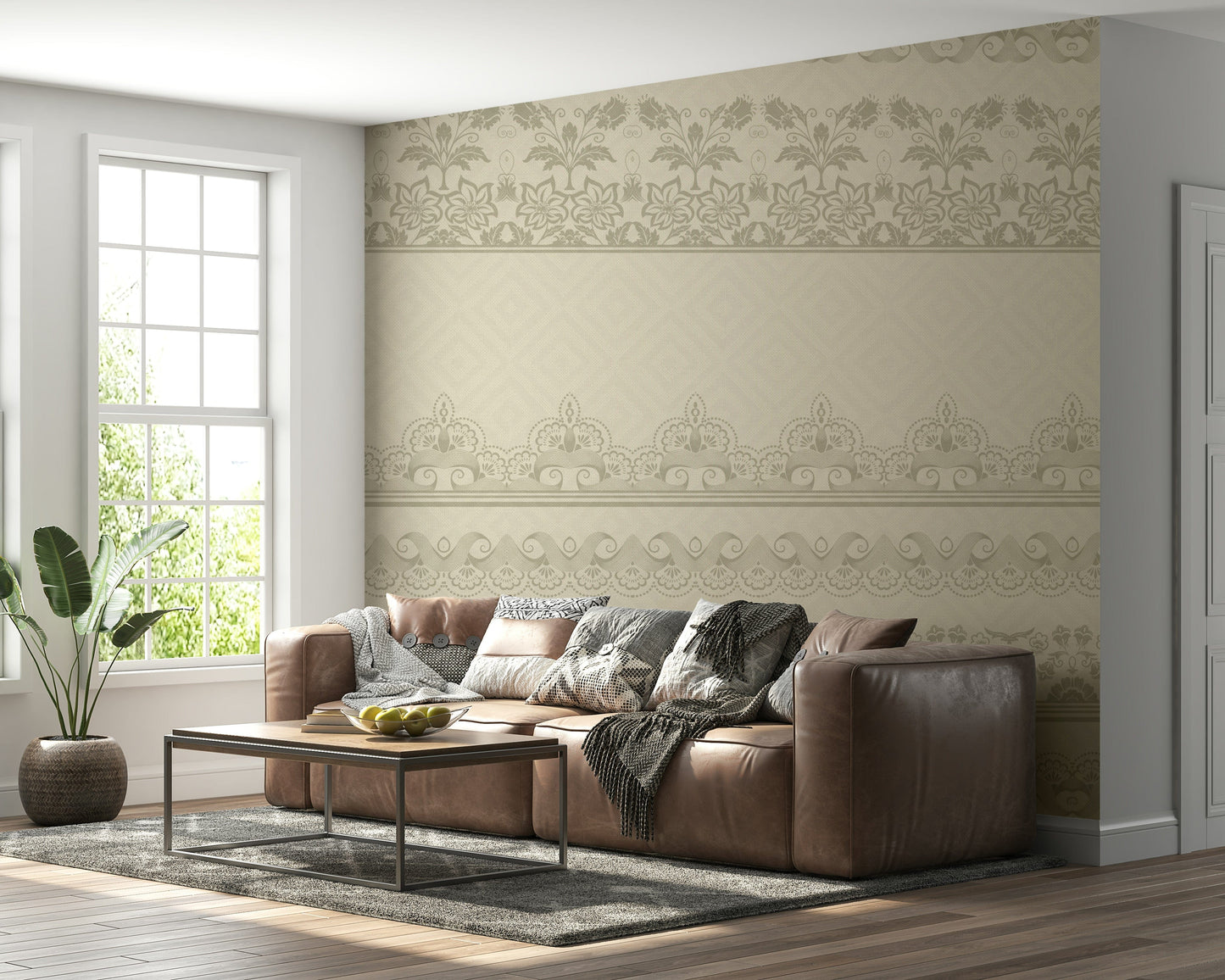 Vertical lace trim wall mural used as a backdrop for a modern vanity.