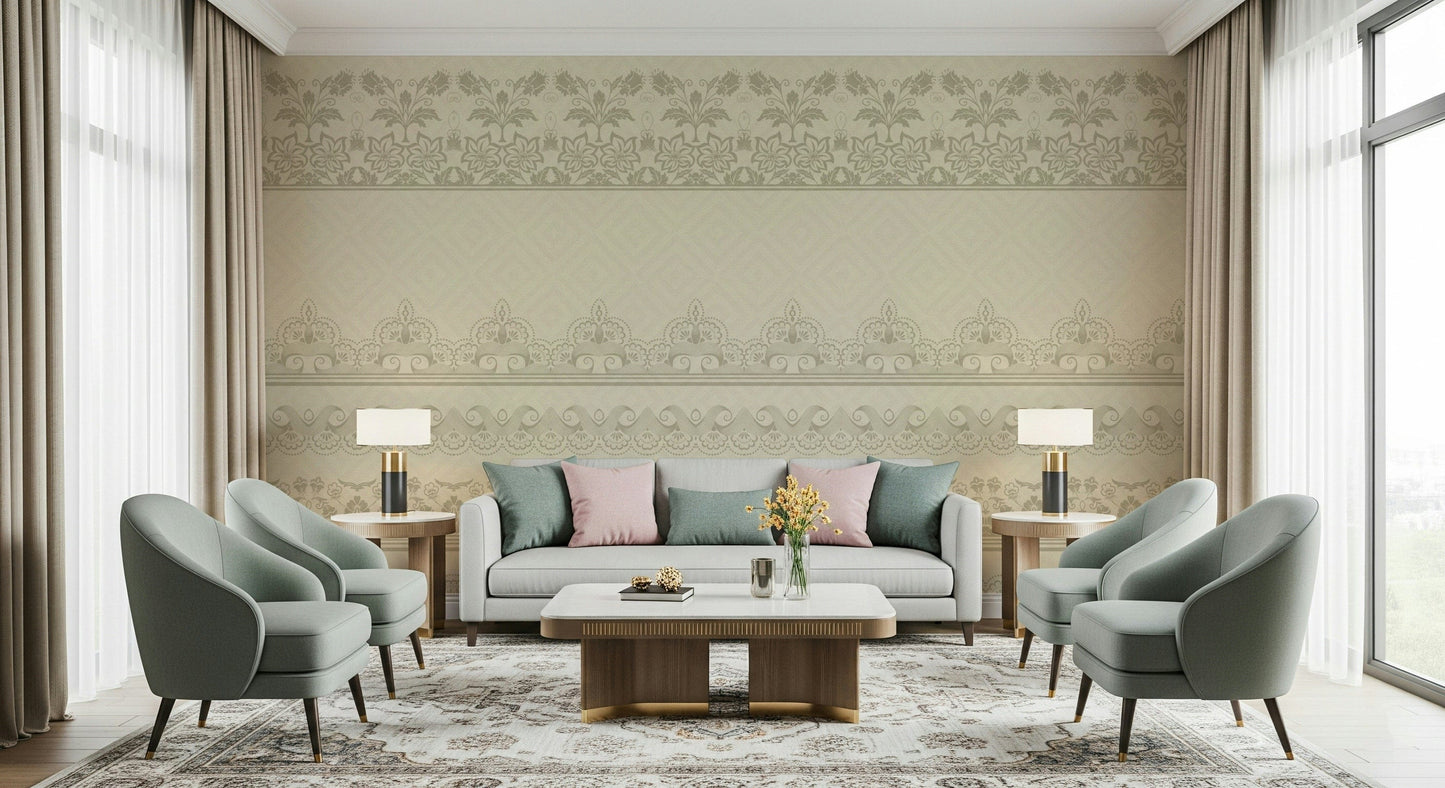 Antique lace style wall mural paired with white wood furniture.