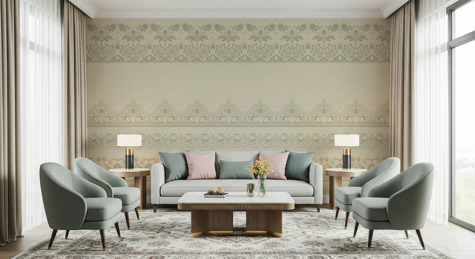 Antique lace style wall mural paired with white wood furniture.
