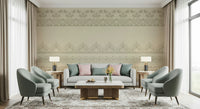 Antique lace style wall mural paired with white wood furniture.