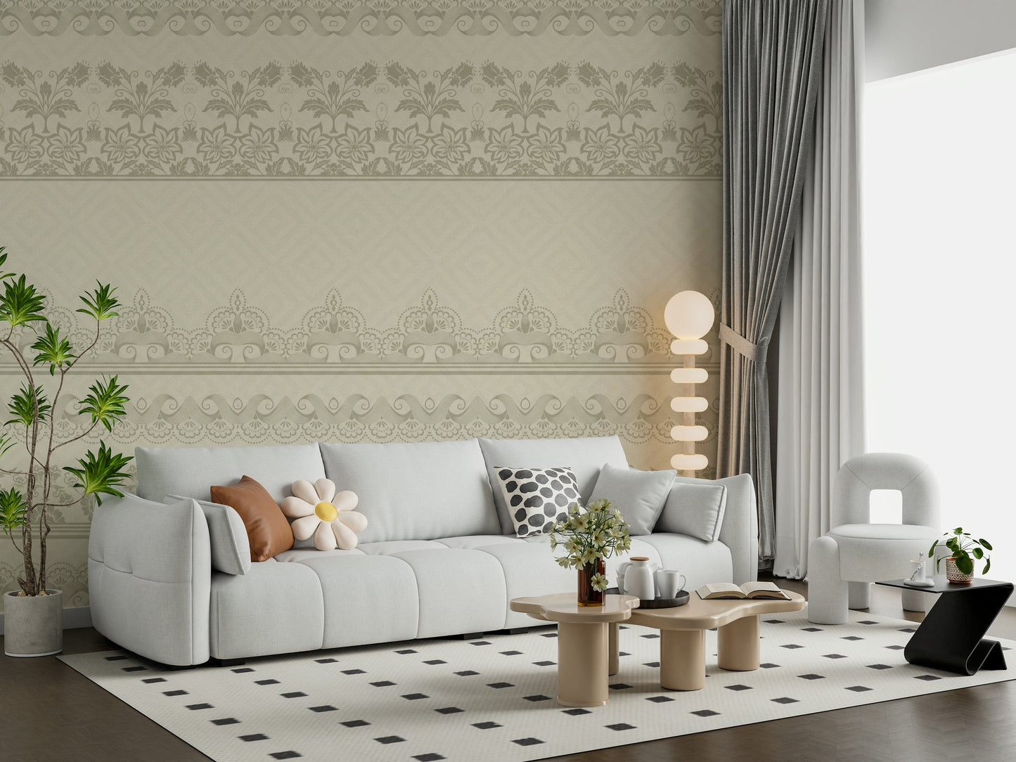 Elegant wall decor showing layered lace ribbons for a boutique feel.