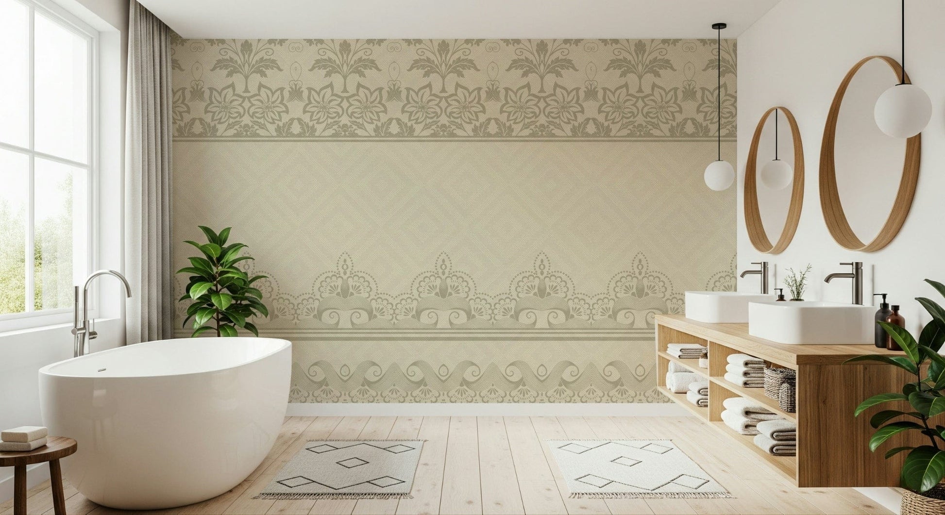 Shabby chic lace wallpaper for a neutral master bedroom accent wall.