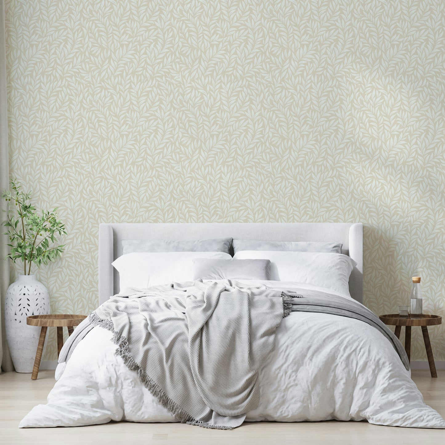 Beige leafy wallpaper for a fresh, natural aesthetic

