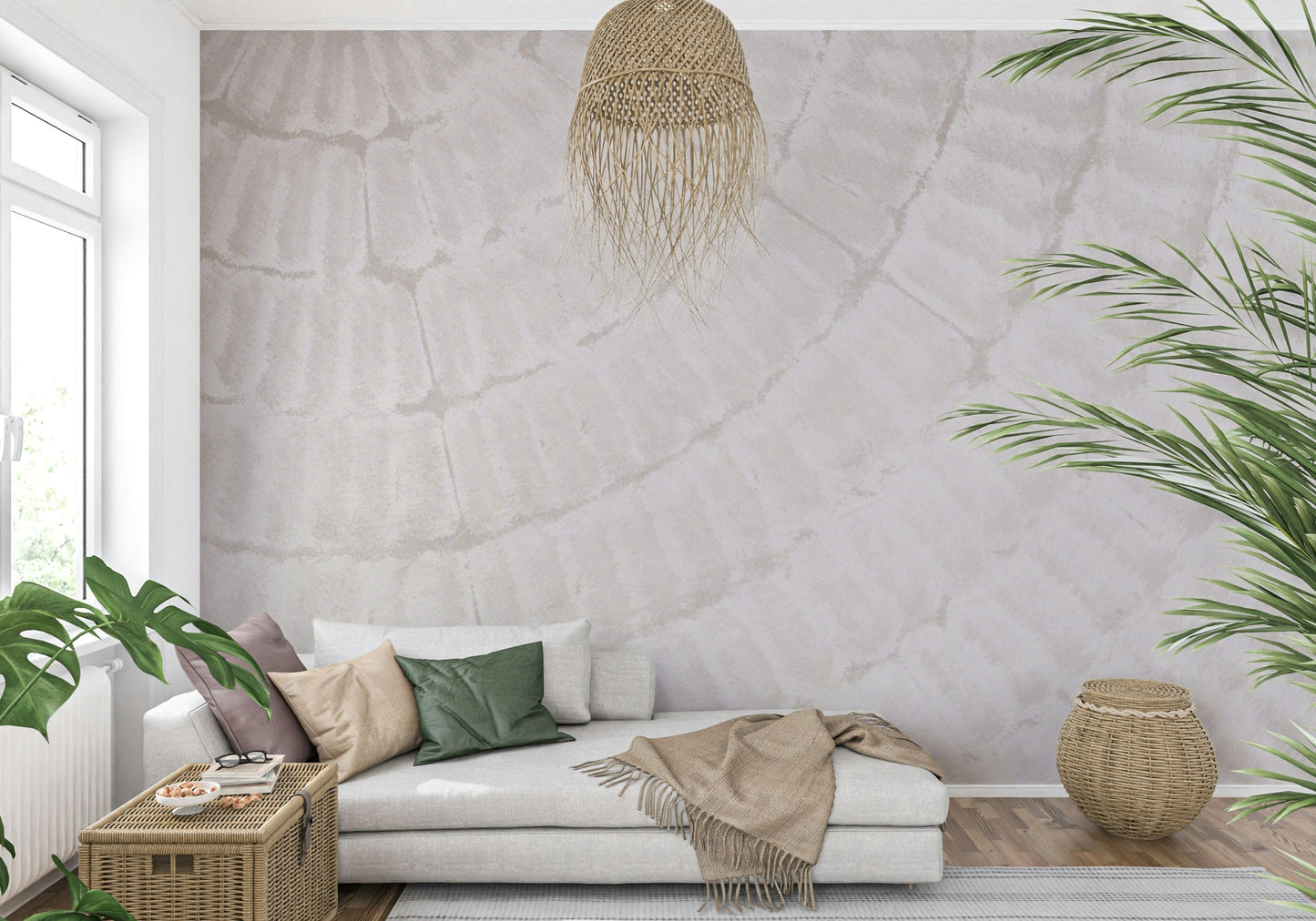 Textured wall mural featuring delicate oyster shell patterns for a serene, nature-inspired accent wall.