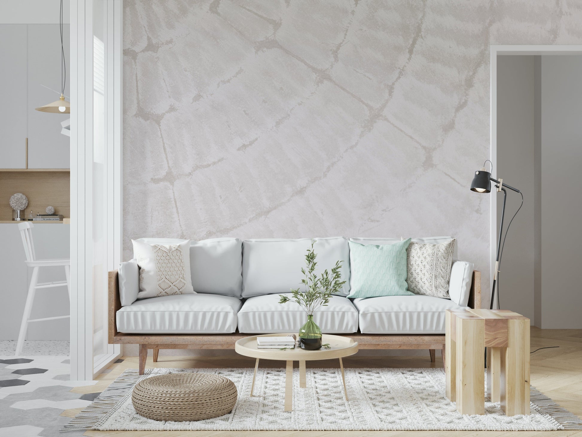 Oyster Shell Echo wallpaper mural combining subtle textures and soft neutral tones for sophisticated interiors.