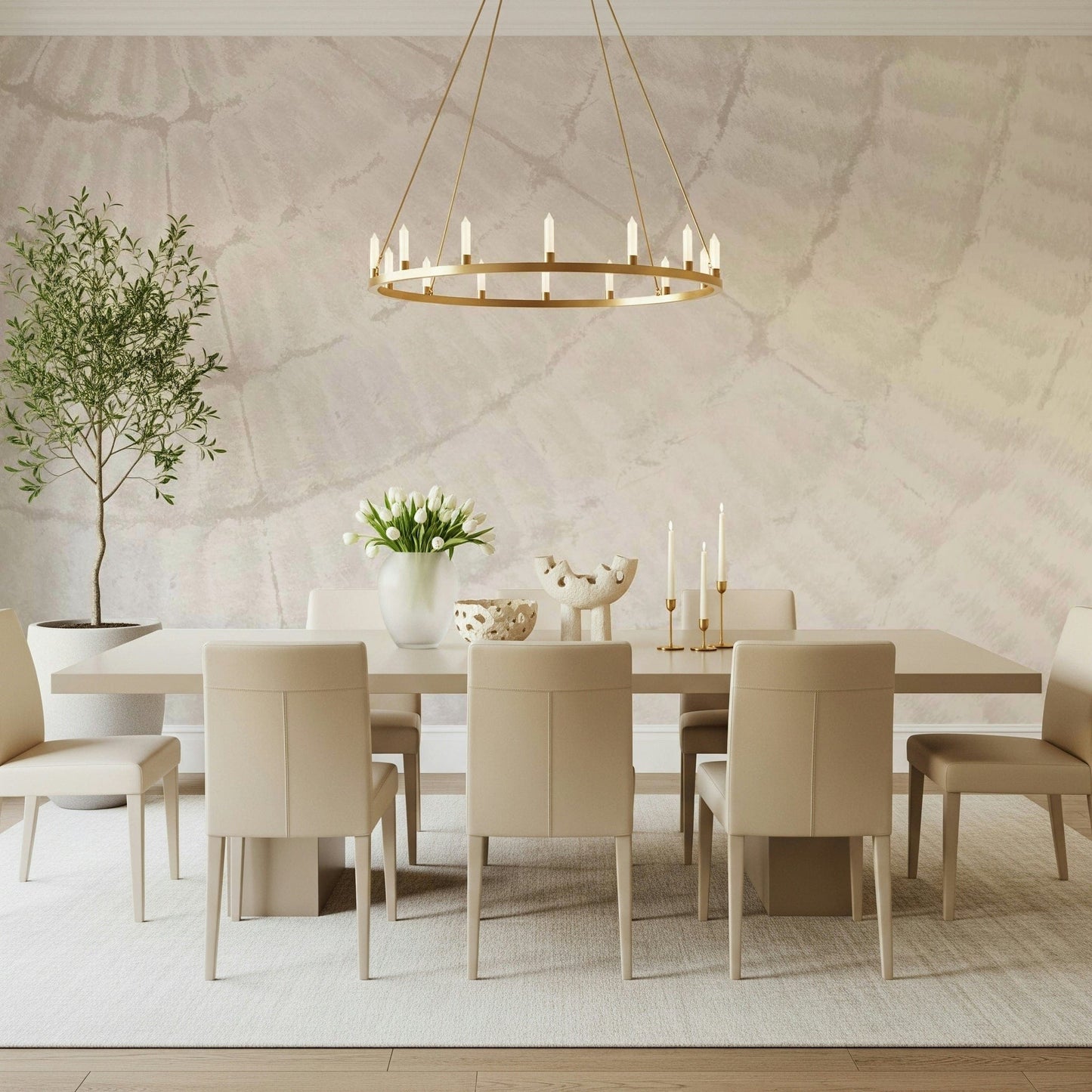 Textured wall mural with subtle shell patterns creating a serene, beachy accent wall.