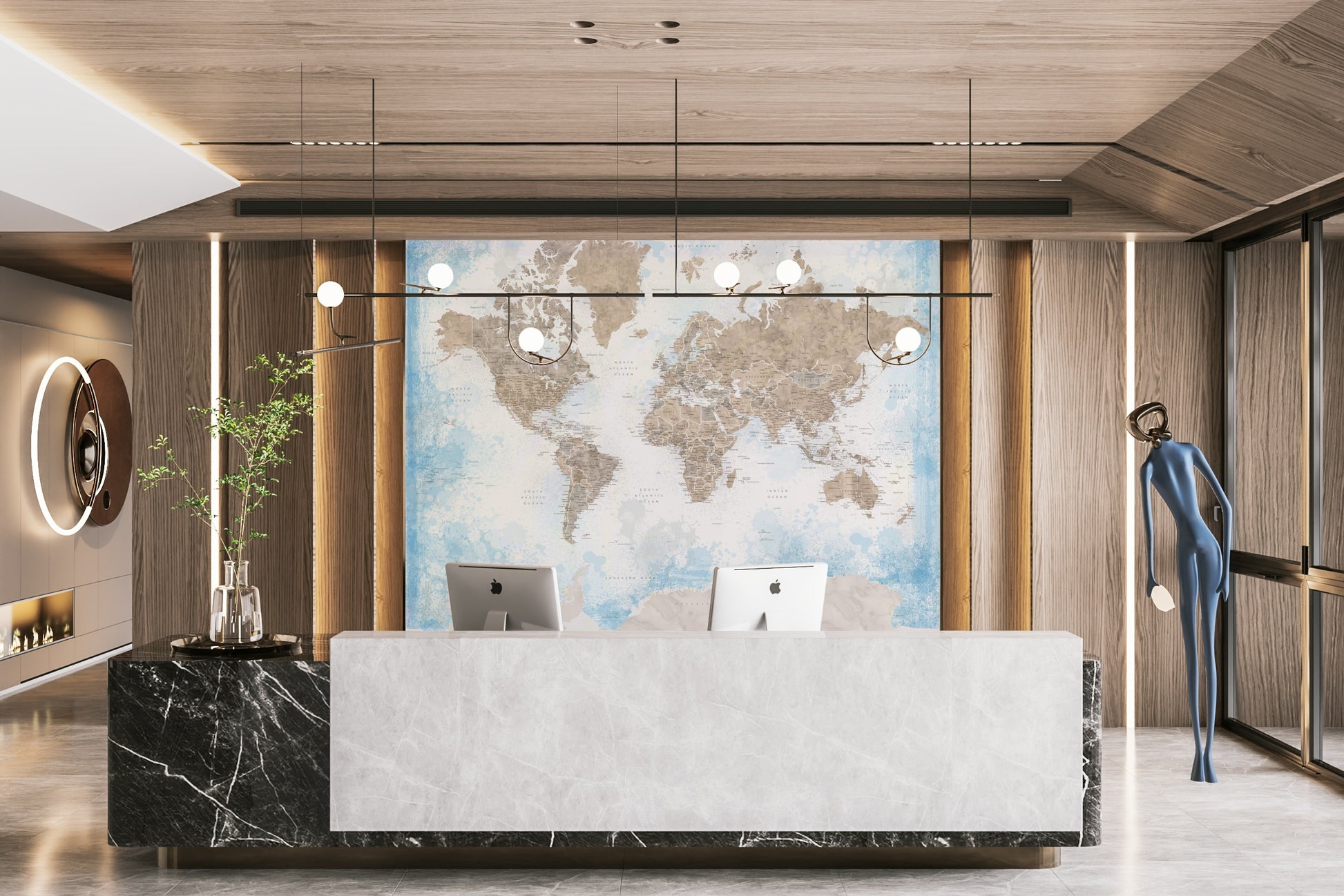 Minimalist world map wallpaper with soft pastel tones


