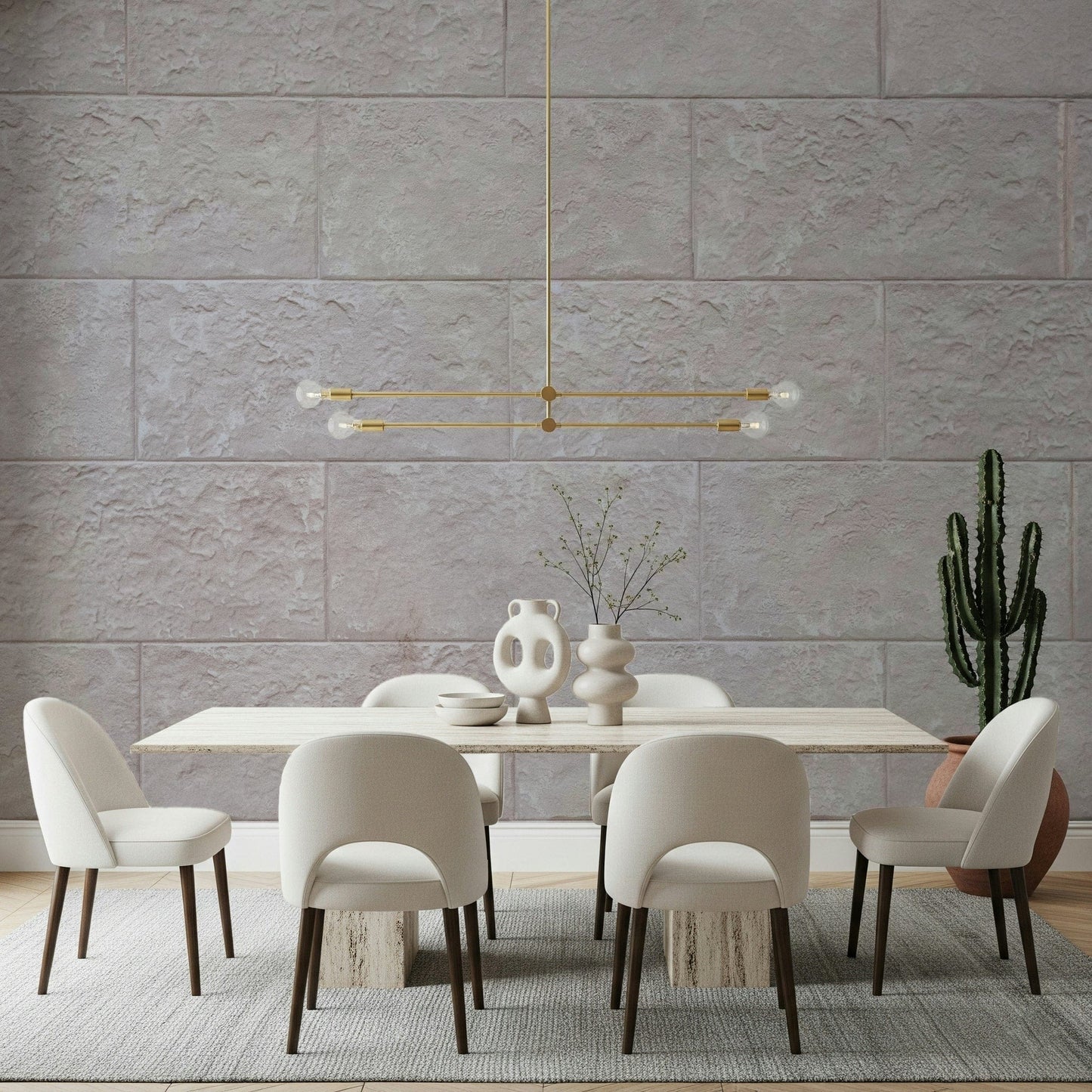 Neutral-toned stone block mural with layered textures creating a calm and stylish ambiance.