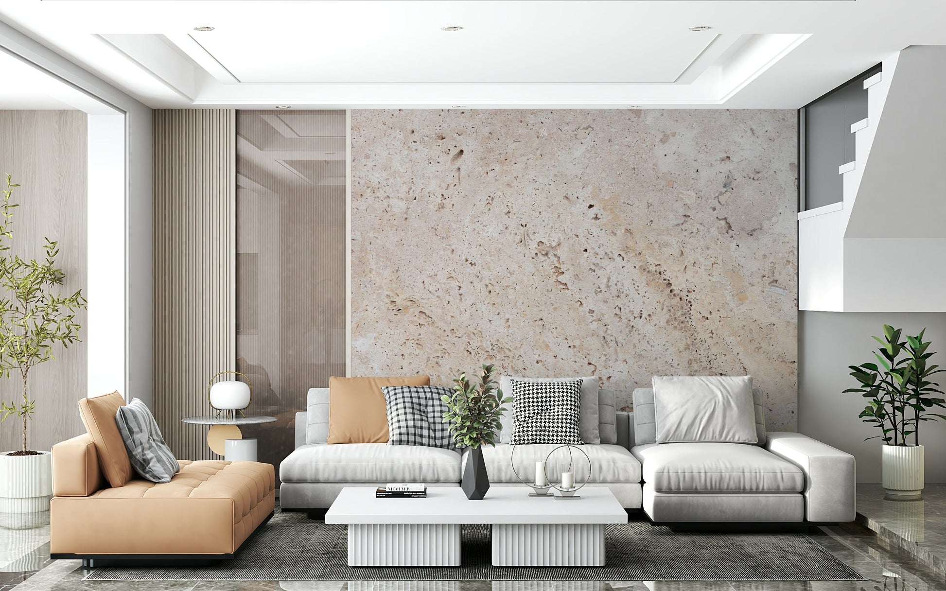 Neutral-toned stone wall mural with subtle shading and texture for a cozy and inviting ambiance.