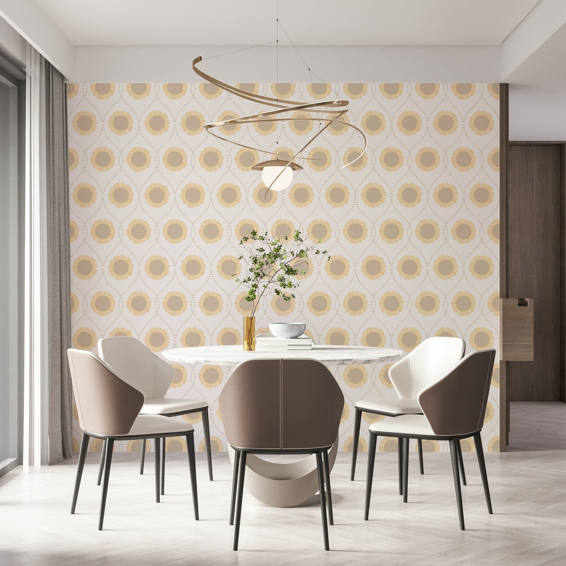 Radiant Sunburst Pattern wall decor, simple lines, contemporary look, fresh ambiance.