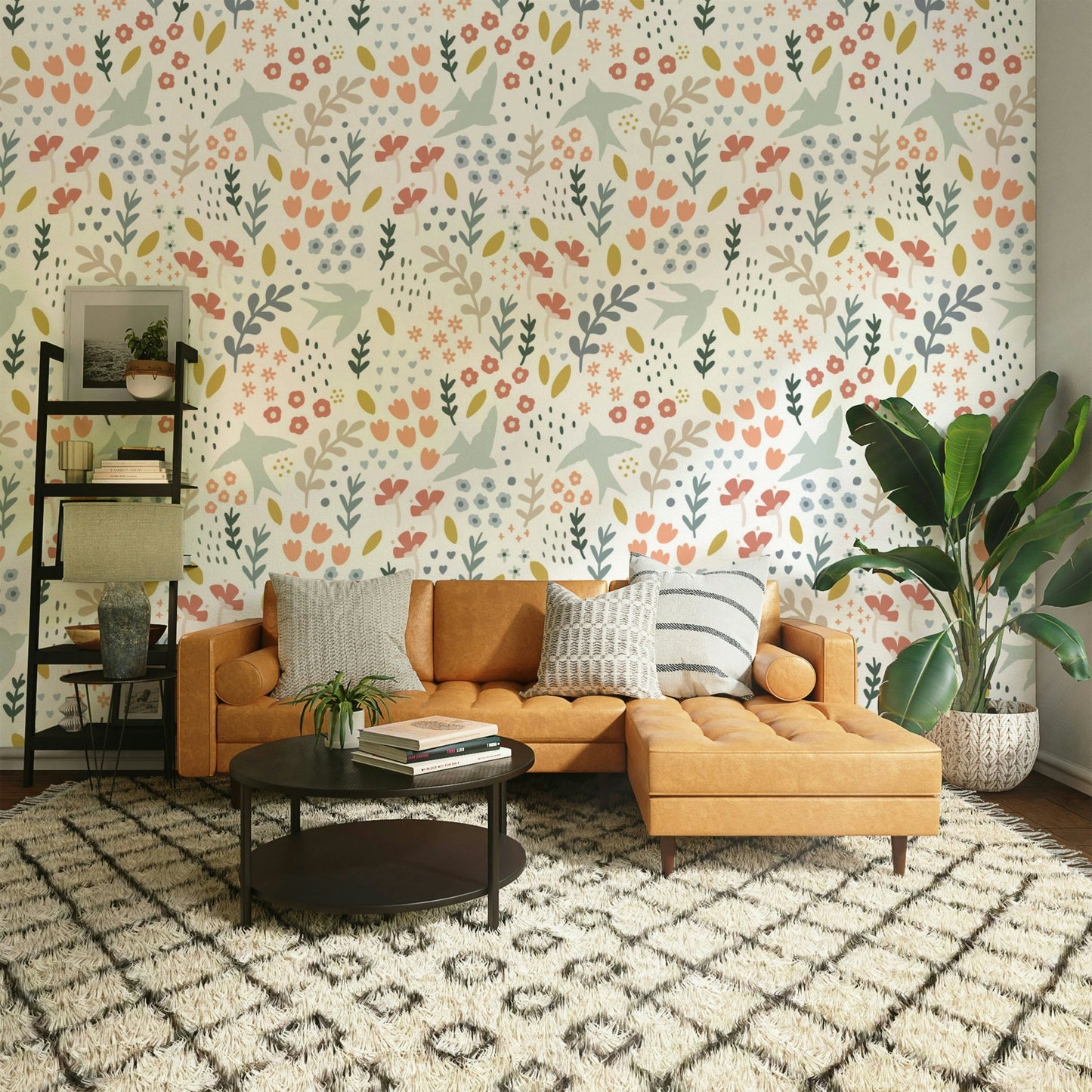 Lively Bellbird Springtime wallpaper with vibrant flowers.

