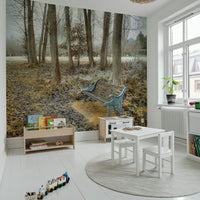 Woodland Bench at Park decor wallpaper, tranquil outdoor setting.
