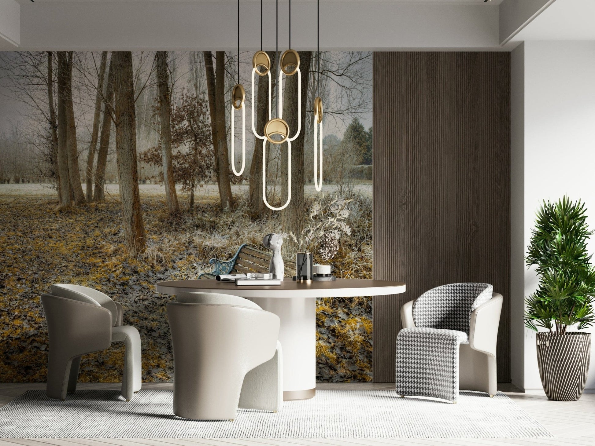 Seating Bench at Park image mural, bare trees lining path.