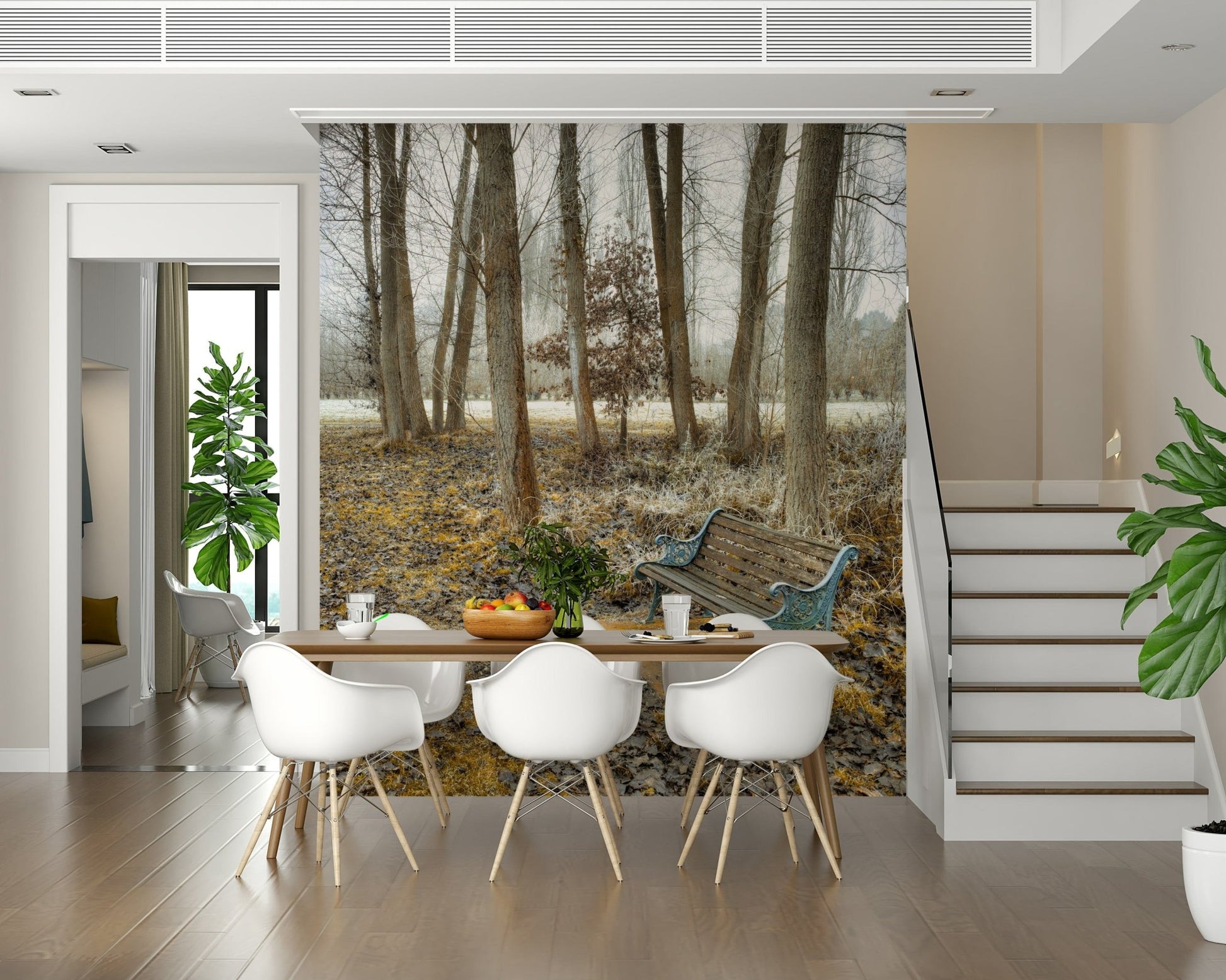 Grounded Bench at Park wallpaper, nature inspired scene for walls.