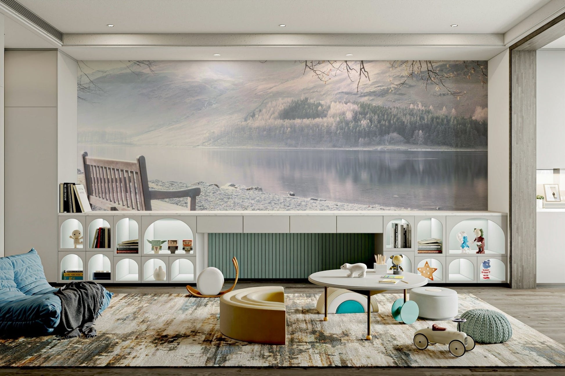 Peaceful bench by the lake mural for a calming room vibe.

