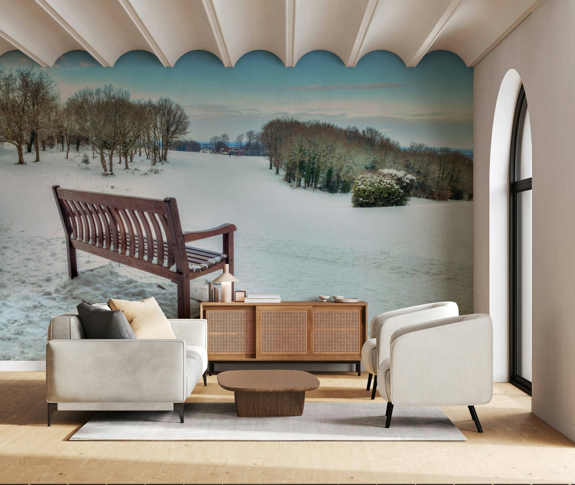 Rustic Bench in a Snowy Landscape wallpaper, bare trees, cold weather design.