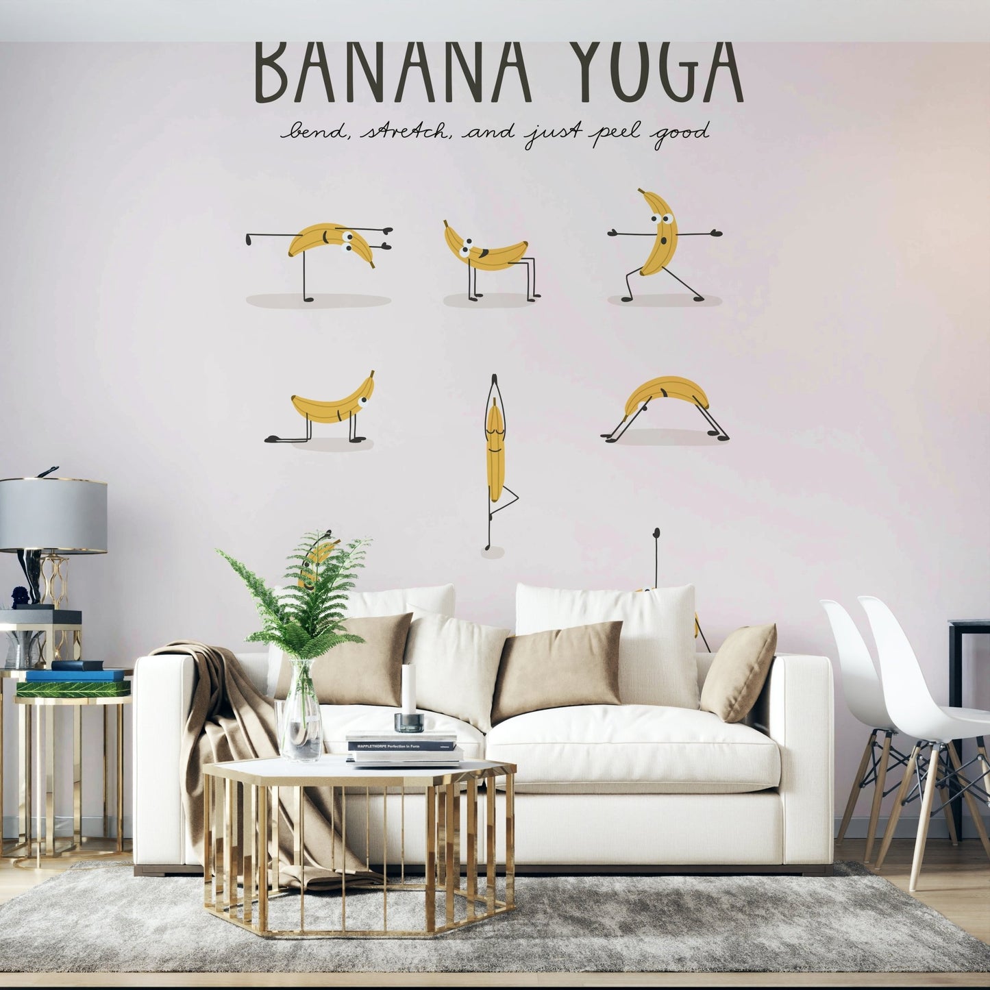 Yellow banana characters in yoga poses for a happy mural.

