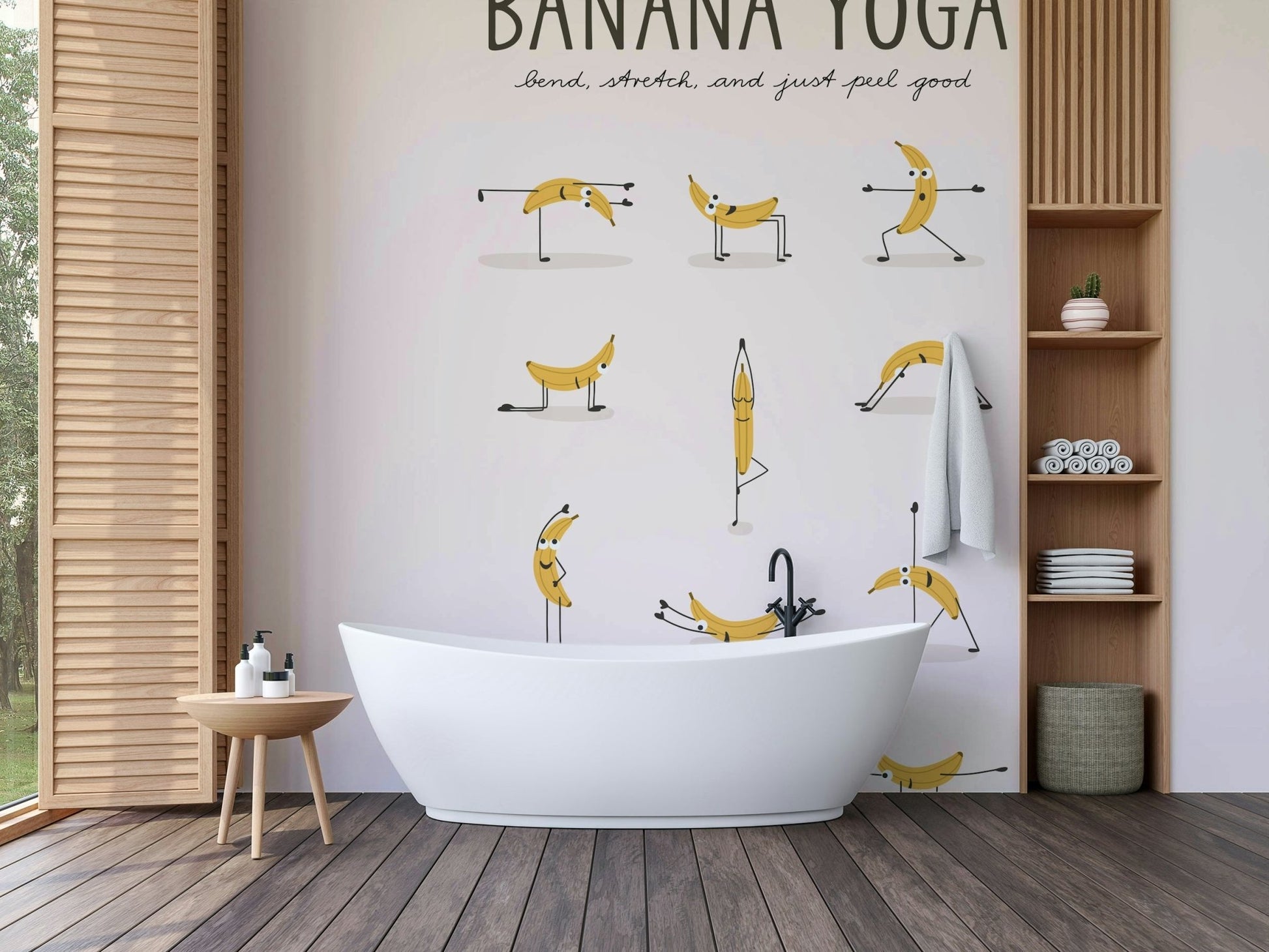 Bend, Stretch, and Peel Good mural with bananas in motion.

