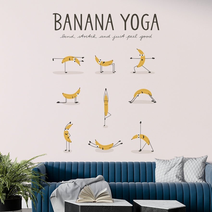 Cheerful bananas stretching in a quirky yoga wall mural.

