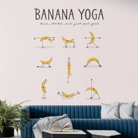 Cheerful bananas stretching in a quirky yoga wall mural.

