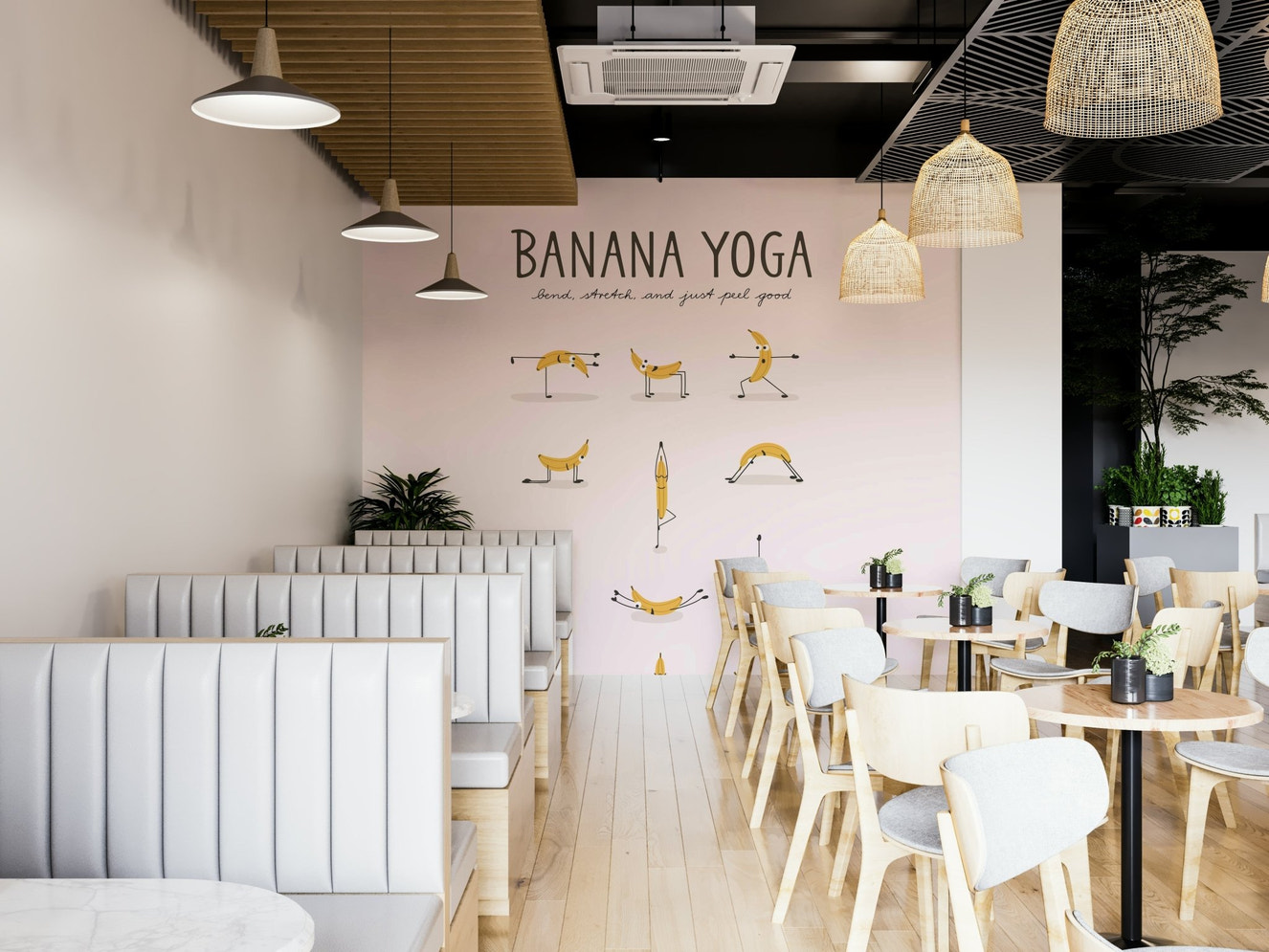 Banana Yoga Wall Mural with fun banana characters in yoga poses.

