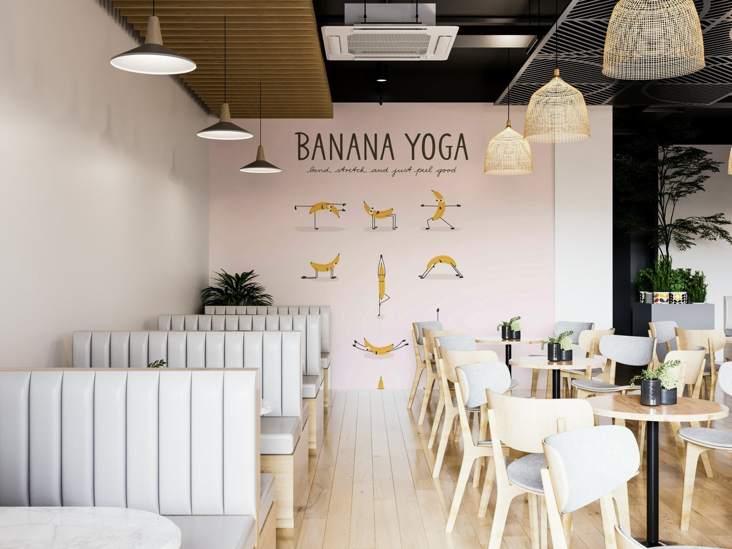 Banana Yoga Wall Mural with fun banana characters in yoga poses.

