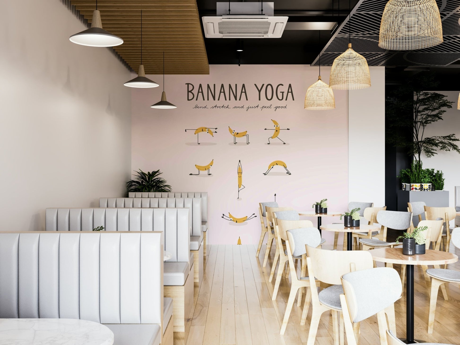 Banana Yoga Wall Mural with fun banana characters in yoga poses.

